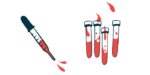 An eyedropper hovers next to four vials, all partially filled with red liquid.