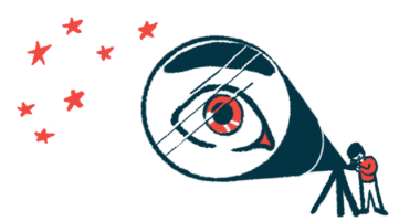 An eye is shown, highlighted by a telescope pointed to the sky, with stars also showing.