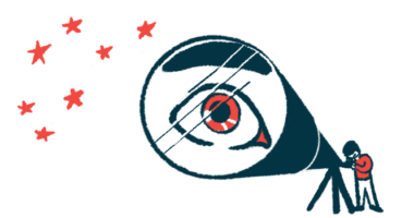 An eye is shown, highlighted by a telescope pointed to the sky, with stars also showing.