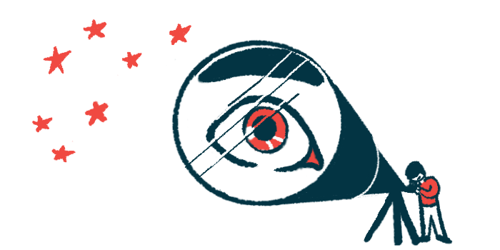 An eye is shown, highlighted by a telescope pointed to the sky, with stars also showing.