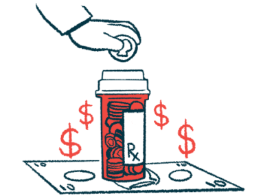 A hand holds a coin above a pill bottle that's surrounded by dollar signs.
