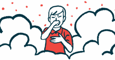 A person seen coughing amid clouds holds one hand to the chest and the other over the mouth.