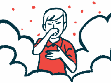 A person seen coughing amid clouds holds one hand to the chest and the other over the mouth.