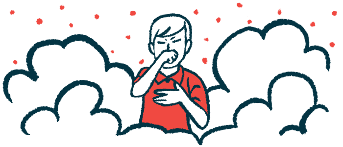 A person seen coughing amid clouds holds one hand to the chest and the other over the mouth.