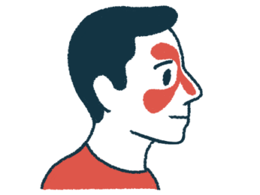 A person's nasal cavities are highlighted in this close-up illustration of a person's head, seen in profile.