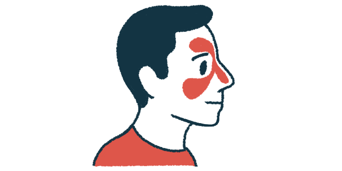 A person's nasal cavities are highlighted in this close-up illustration of a person's head, seen in profile.