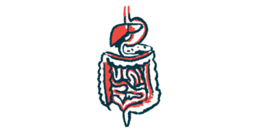 Illustration of the human digestive system, showing the esophagus, stomach, liver, and intestines in a simplified anatomical outline.