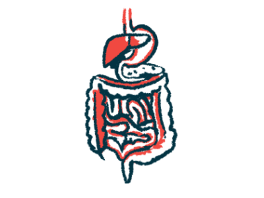 Illustration of the human digestive system, showing the esophagus, stomach, liver, and intestines in a simplified anatomical outline.
