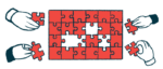 Four hands put together a puzzle in this illustration.