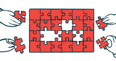 Four hands put together a puzzle in this illustration.