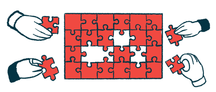 Four hands put together a puzzle in this illustration.